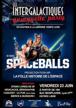 Affiche de la Space guinguette party. En soutien à la librairie Temps Livres.